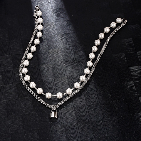 Collana Multistrato Alla Moda In Acciaio Inossidabile Catena A Chiglia Con Pendente A Lucchetto Piccolo E Künstliche Perle Bianche