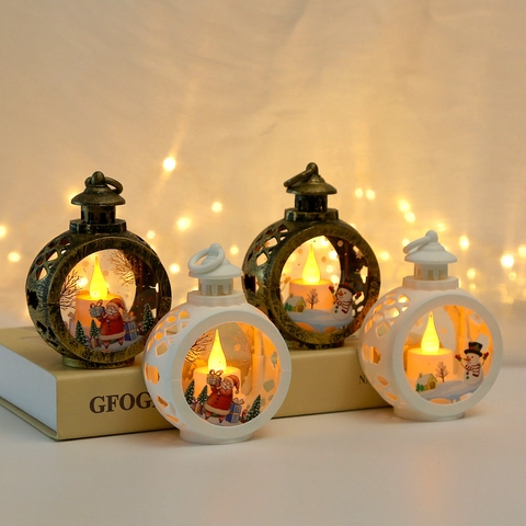 Christmas LED Lantern Night Light Hanging Vintage Plastic Glass Ornament Santa Claus Snowman Pattern Desktop Decor
