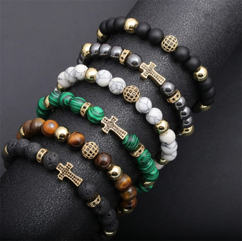 Bracciale Di Perle Con Pendente A Croce Rame Micro Pavè Zircone Occhio Di Tigre Pietra Lavica Gioielli Religiosi