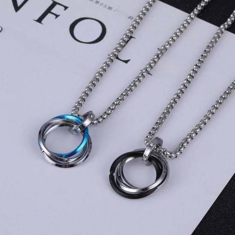 Interlocking Rings Pendant Necklace Titanium Stainless Steel Engraved Geometric Rhinestone Hip Hop Jewelry For Men Women