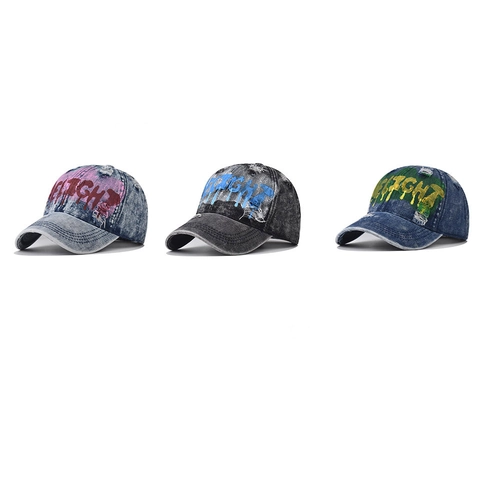 Retro Washed Denim Baseball Cap Distressed Ripped Streetwear Graffiti Letter Print Vintage Adjustable Cotton Trucker Hat