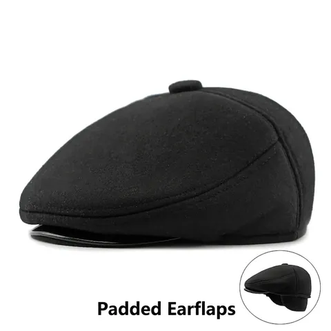 Men Flat Cap Winter Warm Ivy Hat With Ear Flaps Retro British Newsboy Style Polyester Felt Fleece Lined