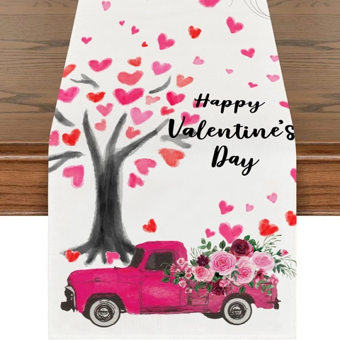 Valentinstag Tischläufer Rosa LKW Herz Blumenmuster Leinentextur Bauernhaus Esstisch Dekoration Feiertag Party Dekor