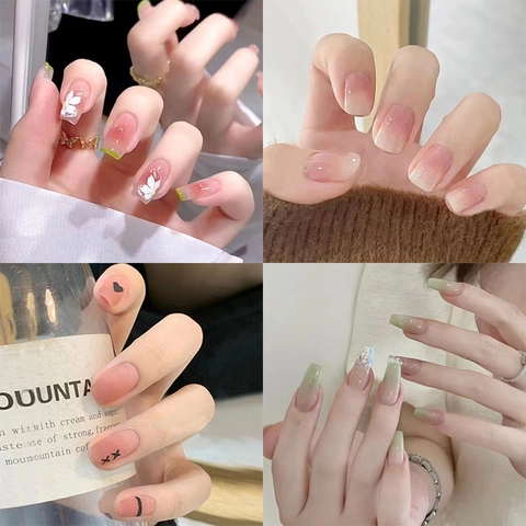 French Tip Press On Nails ABS Plastic Gradient Heart Flower Pattern Removable Fake Nails For Women Manicure Daily Art
