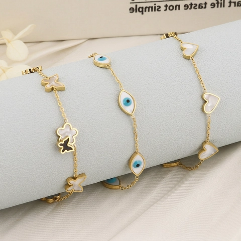 Gold Plated Stainless Steel Bracelet For Women With Shell Butterfly Heart Evil Eye Charms Bohemian Fashion Jewelry