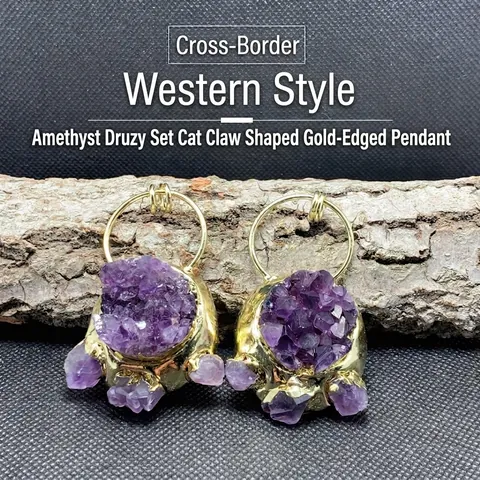 Natural Amethyst Druzy Anhänger Katzenkrallenform Gold Vergoldeter Rand Rohstein Boho Stil Schmuck Für Damen