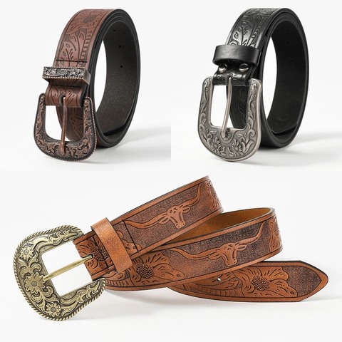 Cintura in Pelle PU Goffrata Vintage Western Cowboy per Donna con Fibbia ad Ardiglione in Lega Incisa Floreale Accessorio Moda