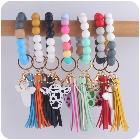Western Bull Head Silicone Beaded Wristlet Keychain Faux Suede Tassel Wood Bead Cow Pattern Charm Fashion Keyring Women