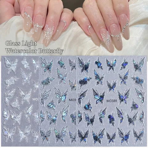 3D Schmetterling Nagelkunst Aufkleber Holographische Aurora Blumen Rose Geprägte Selbstklebende Abziehbilder DIY Dekoration