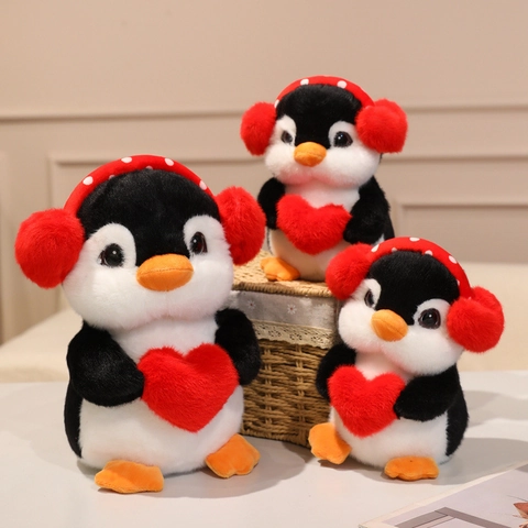 Penguin Plush Toy Soft Stuffed Animal With Heart And Earmuffs Cartoon Animal Doll For Kids Room Decor Gift