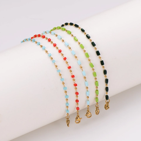 Stainless Steel Bracelet 18K Gold Plated Colorful Geometric Square Beads Adjustable Chain Fashion Dopamine Jewelry For Women
