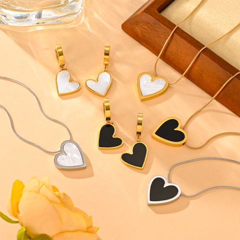 Hart Titanium Stalen Ketting En Huggie Oorbellen Schelp Inleg Elegante Trendy Mode-Sieraden Voor Dames