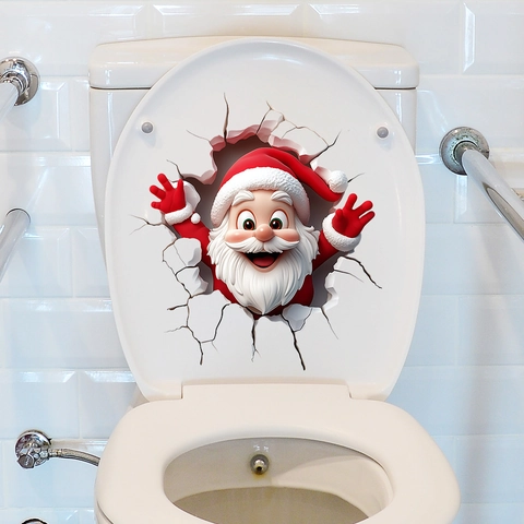 Autocollant De Couvercle De Toilettes 3D Père Noël De Noël PVC Amovible Imperméable Décor De Mur De Salle De Bain Dessin Animé Festif