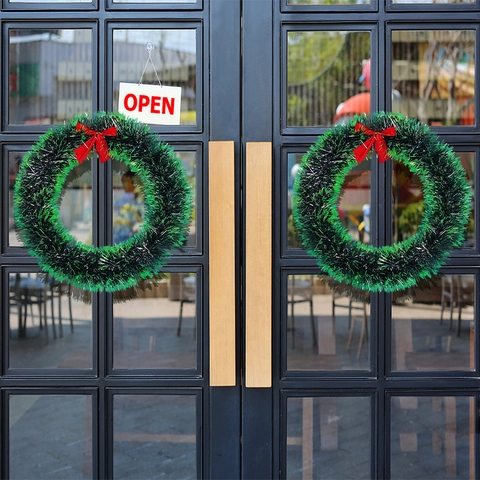 Corona De Navidad De Oropel Con Lazo Rojo Decoración Festiva De Puerta Marco De Plástico E Hierro