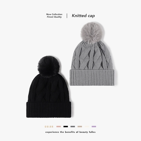 Gorro De Invierno Para Mujer Grueso Punto Trenzado Cálido De Acrílico Con Pompón De Piel Sintética Forro Polar Moda Exterior