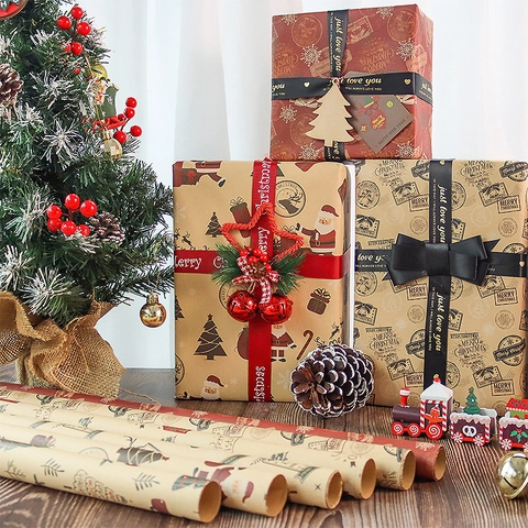 Christmas Gift Wrapping Paper Kraft Paper Rolls Santa Claus Reindeer Festive Holiday Birthday Party Decor DIY Craft