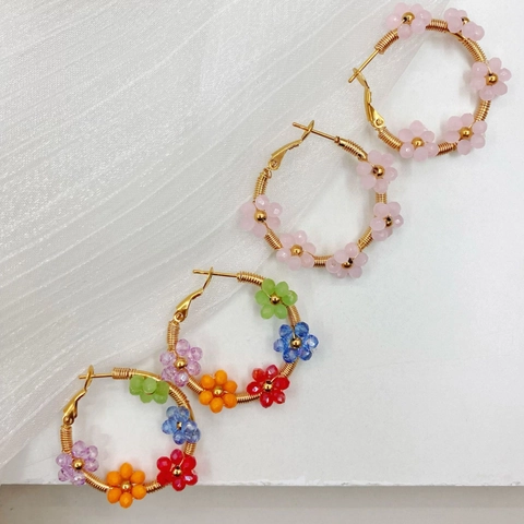 Boucles d'Oreilles Créoles en Cristal Fait Main Acier Inoxydable Perles Floral Cercle Boucles d'Oreilles pour Femmes Bijoux