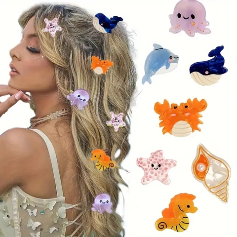 Mini Hair Claws Acrylic Resin Cute Ocean Sea Animal Shapes Dolphin Octopus Crab Starfish Shell For Women Girls Kids