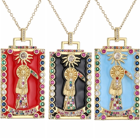 Collar Con Colgante De Carta De Tarot De La Muerte Cobre Con Circón Esmalte Colorido Joyería Gótica Mística Rectangular