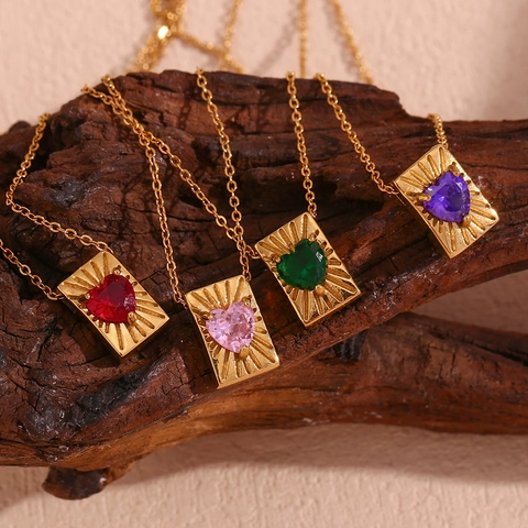 18K Vergulde Roestvrij Stalen Zirkonia Hart Hanger Ketting Vintage Vierkante Kaart Ketting Voor Dames