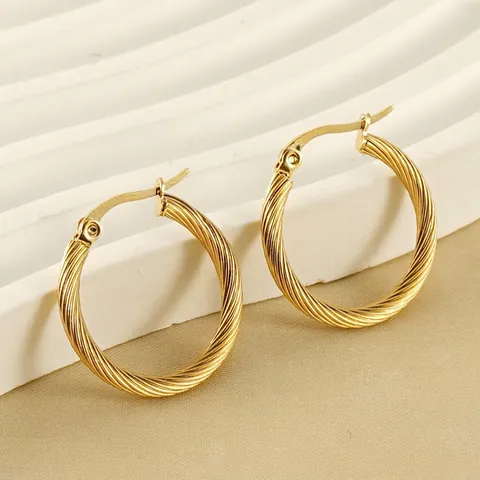 Boucles D Oreilles Créoles Torsadées En Acier Titane Plaqué Or 18 Carats Style Français Vintage Minimaliste