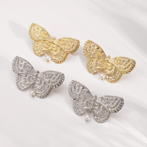 Pendientes Largos de Mariposa y Perla Artificial Vintage para Mujer Elegante Estilo Palaciego Color Oro Plata Joyería de Aleación para Boda