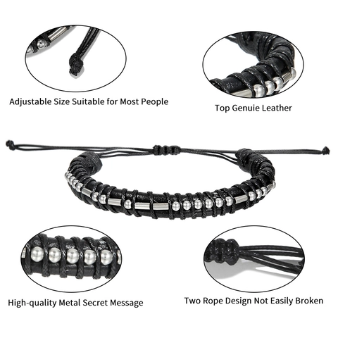 Morse Code Bracelet Handmade Genuine Leather Stainless Steel Beads Secret Message Adjustable Gift For Men Women