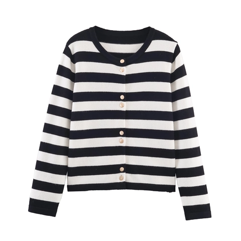 Cardigan In Maglia A Righe Donna Girocollo Manica Lunga Bottoni Ancora Dorati Stile Francese Elegante Maglione Poliestere