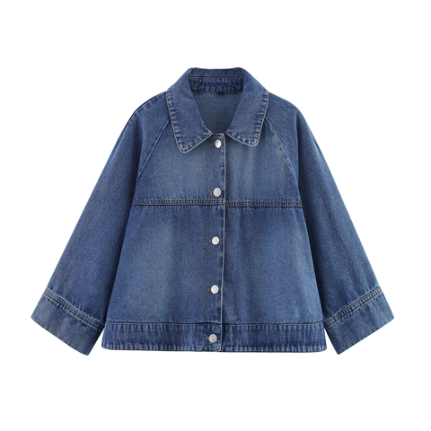 Women Denim Jacket Washed Blue Cotton Blend Long Sleeve Button Down Lapel Collar Relaxed Fit Casual Outerwear