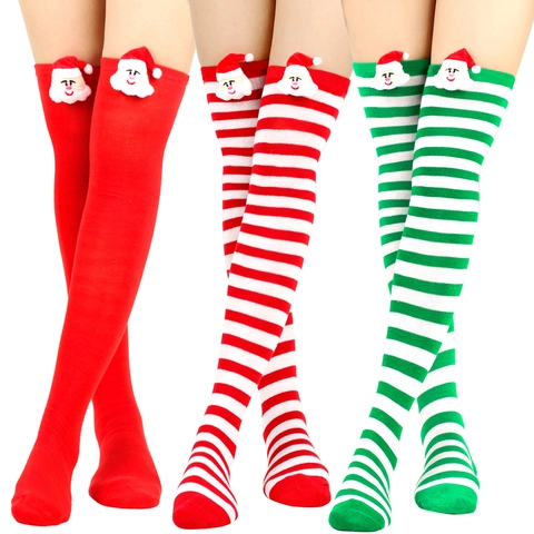 Kers Over De Knie Sokken Gebreide Dijhoge Kousen Met 3D Pluche Kerstman Pop Gestreepte Feestelijke Party Wear