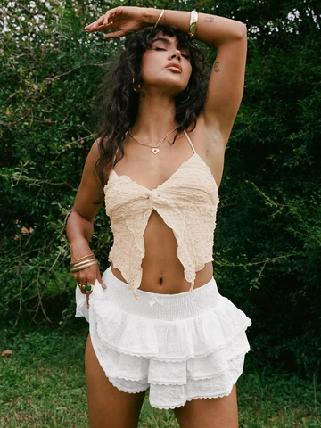 Jupe Courte En Dentelle Pour Femmes Multi-Niveaux À Volants Taille Haute Élastique Broderie Nœud Été Plage Boho Douce Sexy