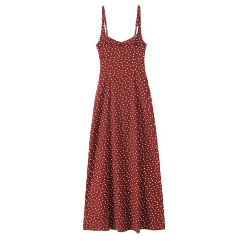 Women Vintage Polka Dot Cami Dress V Neck High Waist Side Slit A-Line Midi Dress For Summer Vacation Party Streetwear