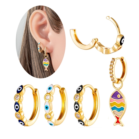 Böhmische Evil Eye Creolen Bunter Fisch Anhänger Vergoldetes Kupfer Emaille Zirkon Ethnischer Schmuck Für Damen