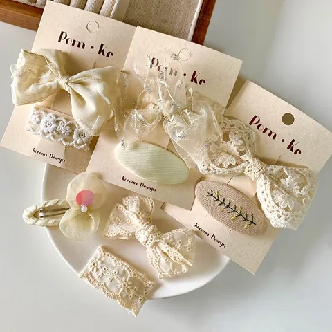 Koreanischer Stil Spitze Schleife Haarspangen Set Für Mädchen Handgefertigt Stoff Stickerei Haarnadeln Perle Netz Haarschmuck Floral Kinder Kopfschmuck