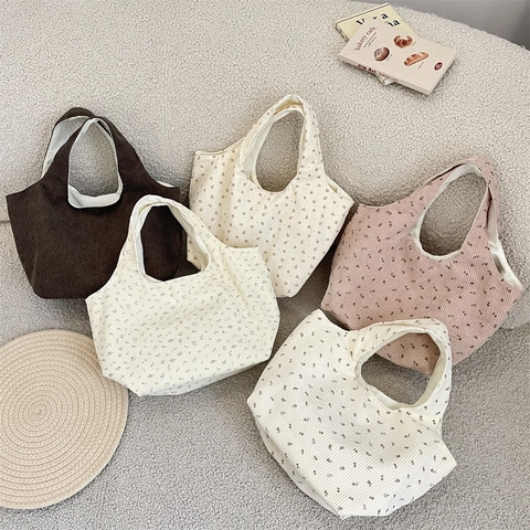 Borsa In Velluto A Coste Con Stampa Floreale Borsa Da Pranzo Grande Capacità Borsa Per Ufficio Scuola Picnic