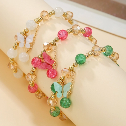 Colorful Beaded Bracelets Zinc Alloy Synthetic Crystal Butterfly Flower Charms Multi Layer Sweet Fashion Women Jewelry