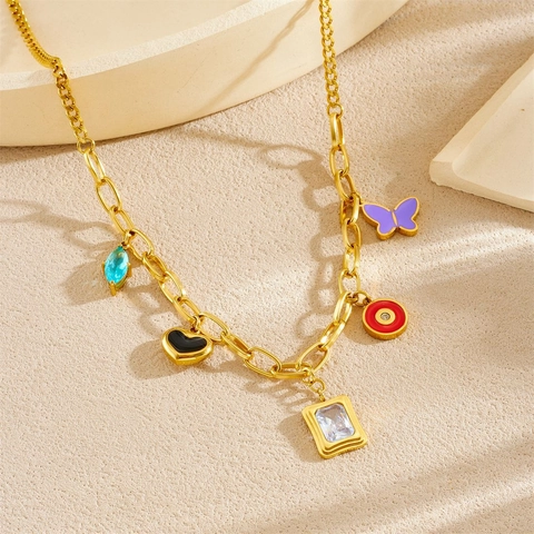 Fashion Pendant Necklace Stainless Steel Gold Plated Colorful Enamel Butterfly Heart Charms For Women Trendy Jewelry