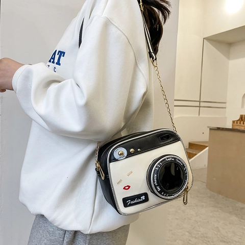 Camera Shaped PU Leather Crossbody Bag Color Block Creative Novelty Small Shoulder Purse For Women Girls Students