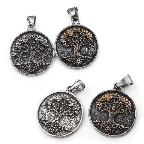 Tree Of Life Pendant Necklace Stainless Steel Vintage Viking Nordic Style Round Relief Religious Jewelry For Men Women