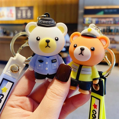 Portachiavi Orso Poliziotto Cartone Animato Creativo Orso Pompiere in Silicone Ciondolo per Zaino Ornamento Auto Regalo