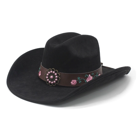 Chapeau De Cowboy Occidental Suédine Polyester Femmes Style Ethnique Rétro Avec Broderie Rose Boucle Métal Fedora