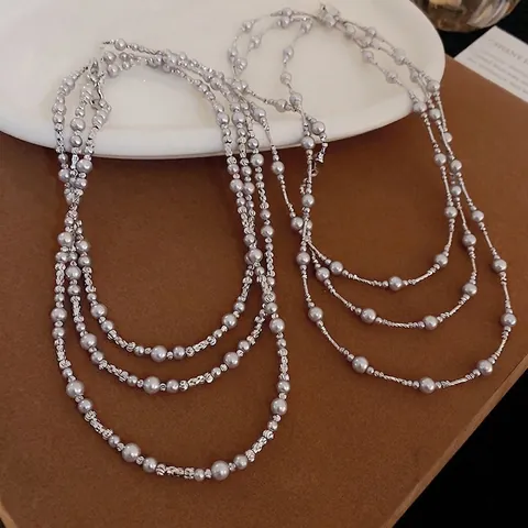 Lange Pulloverkette Halskette Mit Künstliche Perlenimitation Und Texturierten Metallperlen Mehrlagiger Eleganter Schmuck Für Damen