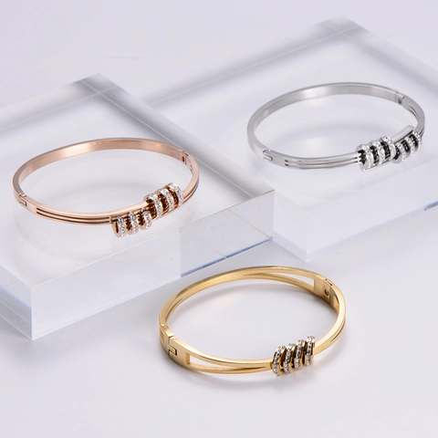 Stainless Steel Rhinestone Bangle Bracelet Sliding Rings Polished Elegant Fashion Jewelry Women