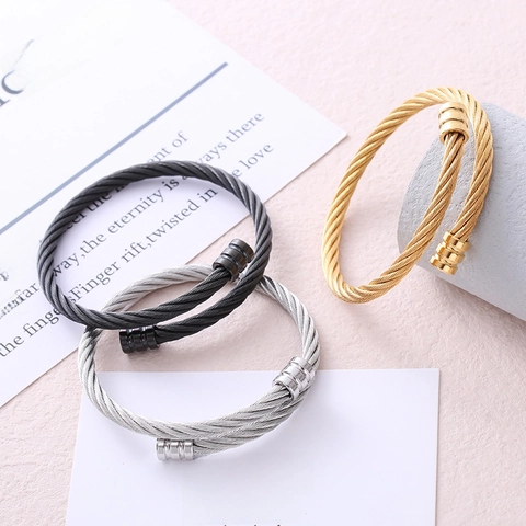 Hip Hop Stainless Steel Twisted Cable Open Cuff Bangle Bracelet For Men Women Minimalist Industrial Style Jewelry Gift