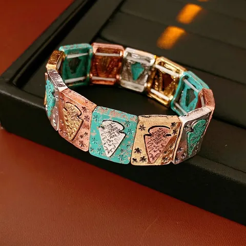 Bohemian Vintage Alloy Bracelet Multi Color Square Link Elastic Bangle Ethnic Arrow Pattern Retro Jewelry For Women