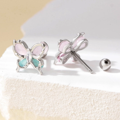 Butterfly Cartilage Stud Earrings Titanium Steel Copper Zircon Double Head Screw Back Piercing Jewelry Cute Niche For Women