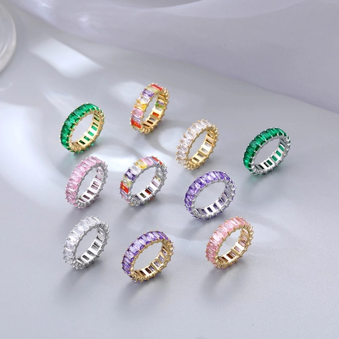 Eternity Band Ring Titanium Steel Baguette Cut Colorful Cubic Zirconia Minimalist Elegant Jewelry For Women