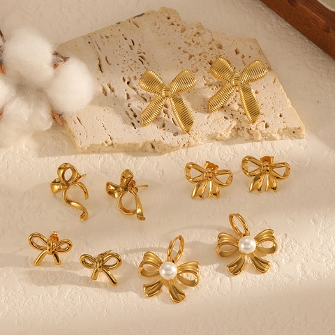 Pendientes De Lazo De Acero Inoxidable Chapados En Oro O Plata Diseño De Cinta Perla Artificial Para Mujer Joyería Minimalista