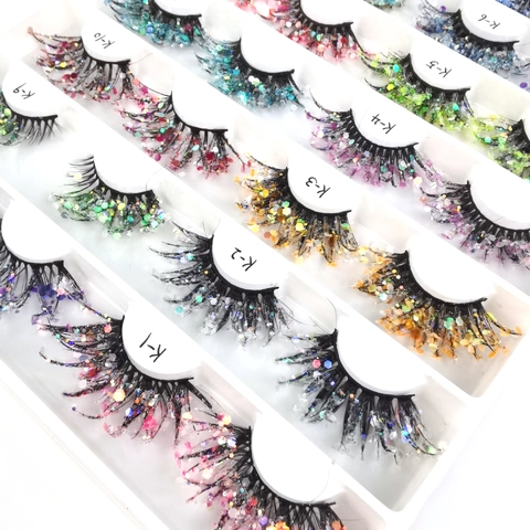 Luminous 3D False Eyelashes Glow In The Dark With Colorful Glitter Sequins Stage Dramatic Long Fiber Lashes Novelty