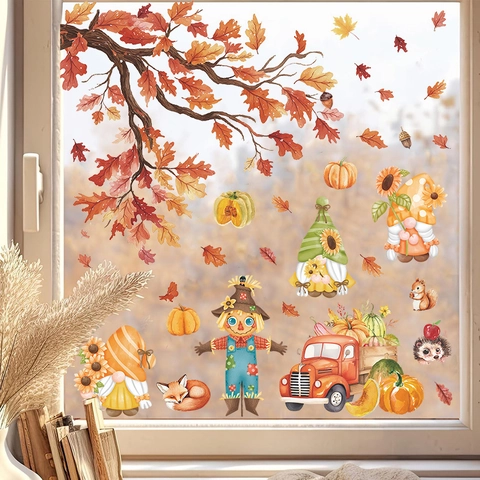 Autumn Window Clings PVC Static Stickers Thanksgiving Fall Gnomes Scarecrow Pumpkin Maple Leaf Truck Cartoon For Glass